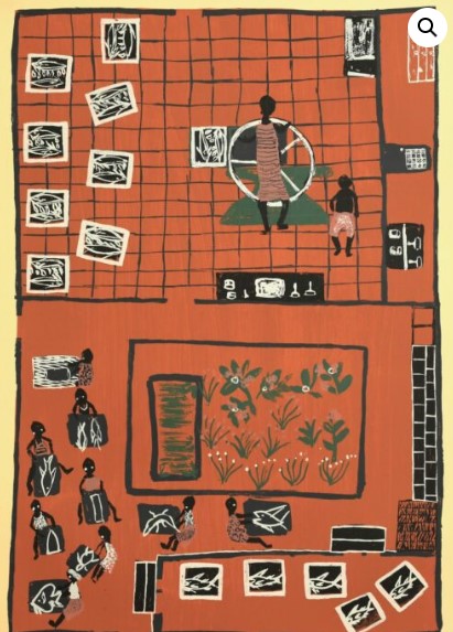 Image of BLMC Print 4681-23-8/50 Marrnyula Munuŋgurr Watju, Mititjpurr - inthe early days- lino” (Plus Framing)