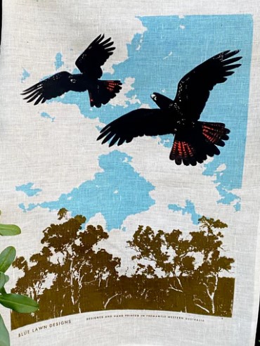 Image of Linen Tea Towel - Black Cockatoos in Flight