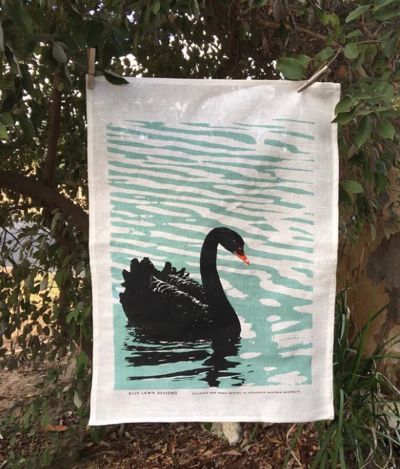 Image of Linen Tea Towel - Black Swan
