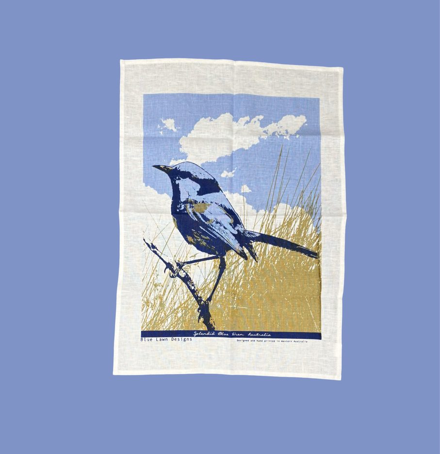 Image of Linen Tea Towel - Splendid Blue Fairywren