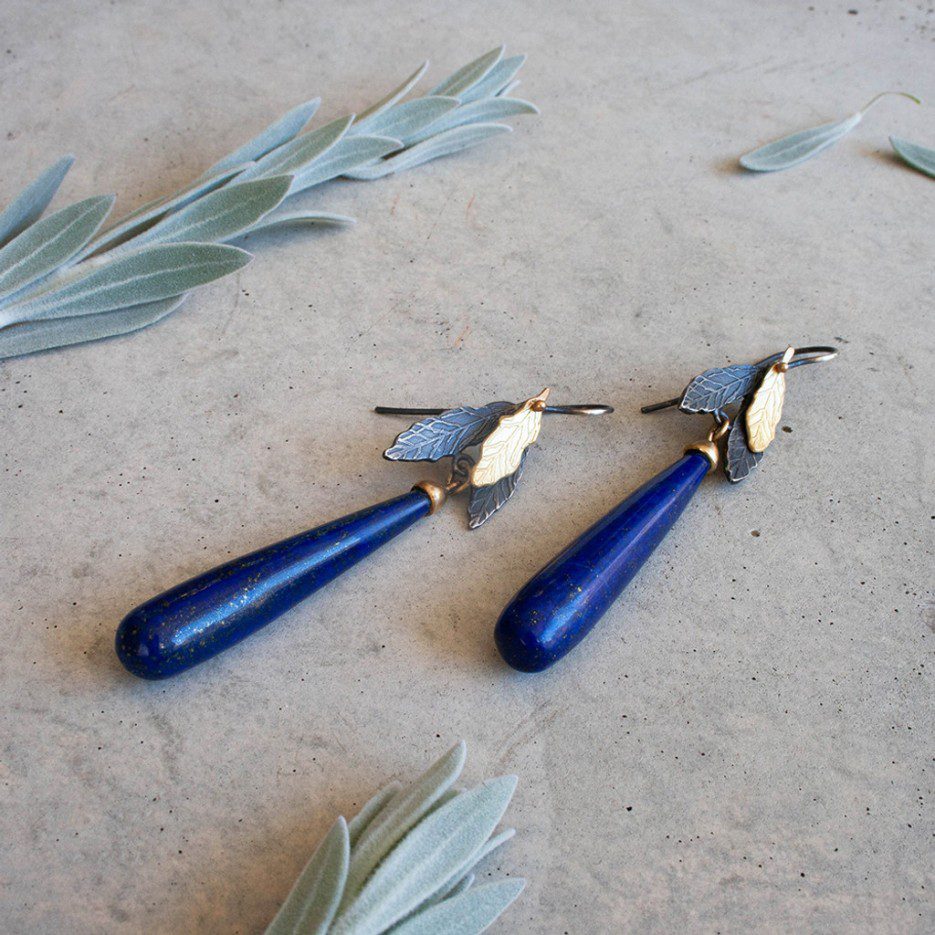 Image of Earrings | Lapis Lazuli, 18ct Gold, Silver Emb Triple Leaf - Lapis er 1SG (WR)