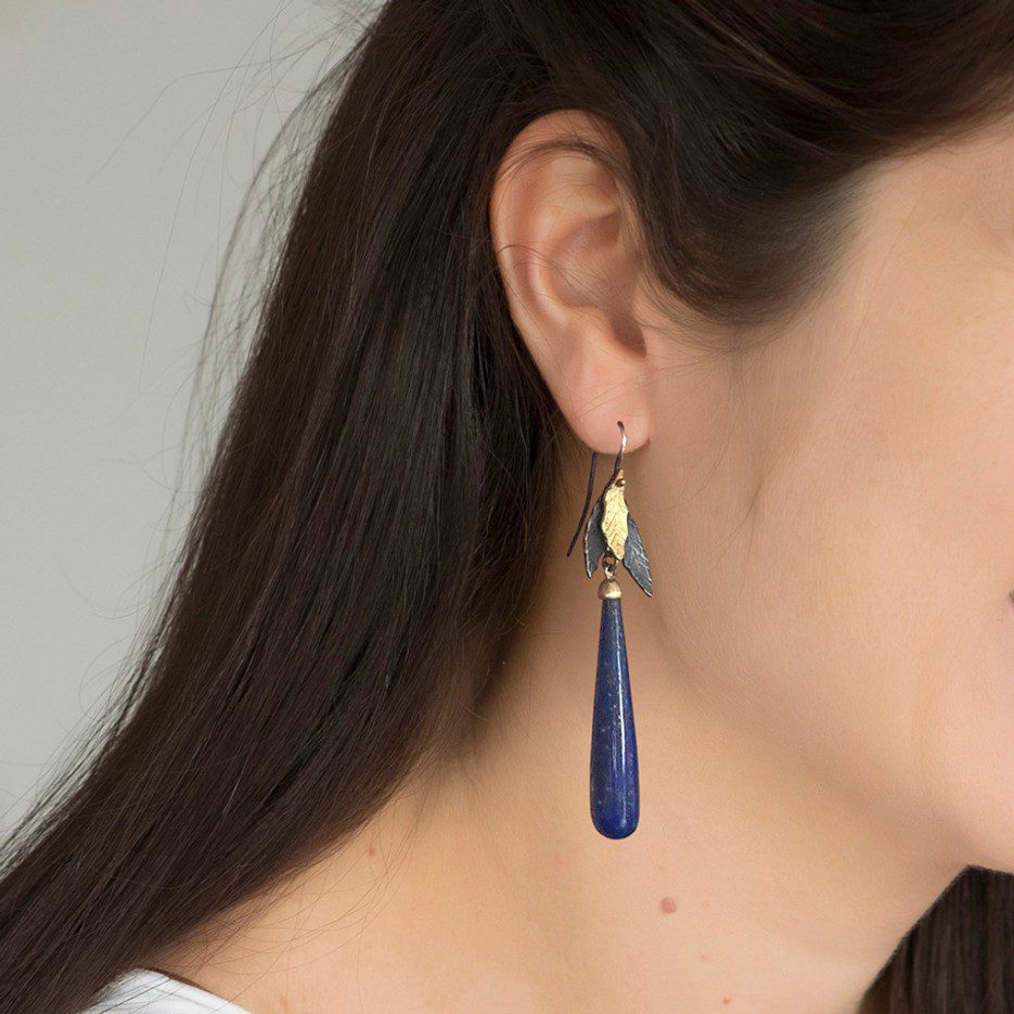Image of Earrings | Lapis Lazuli, 18ct Gold, Silver Emb Triple Leaf - Lapis er 1SG (WR)