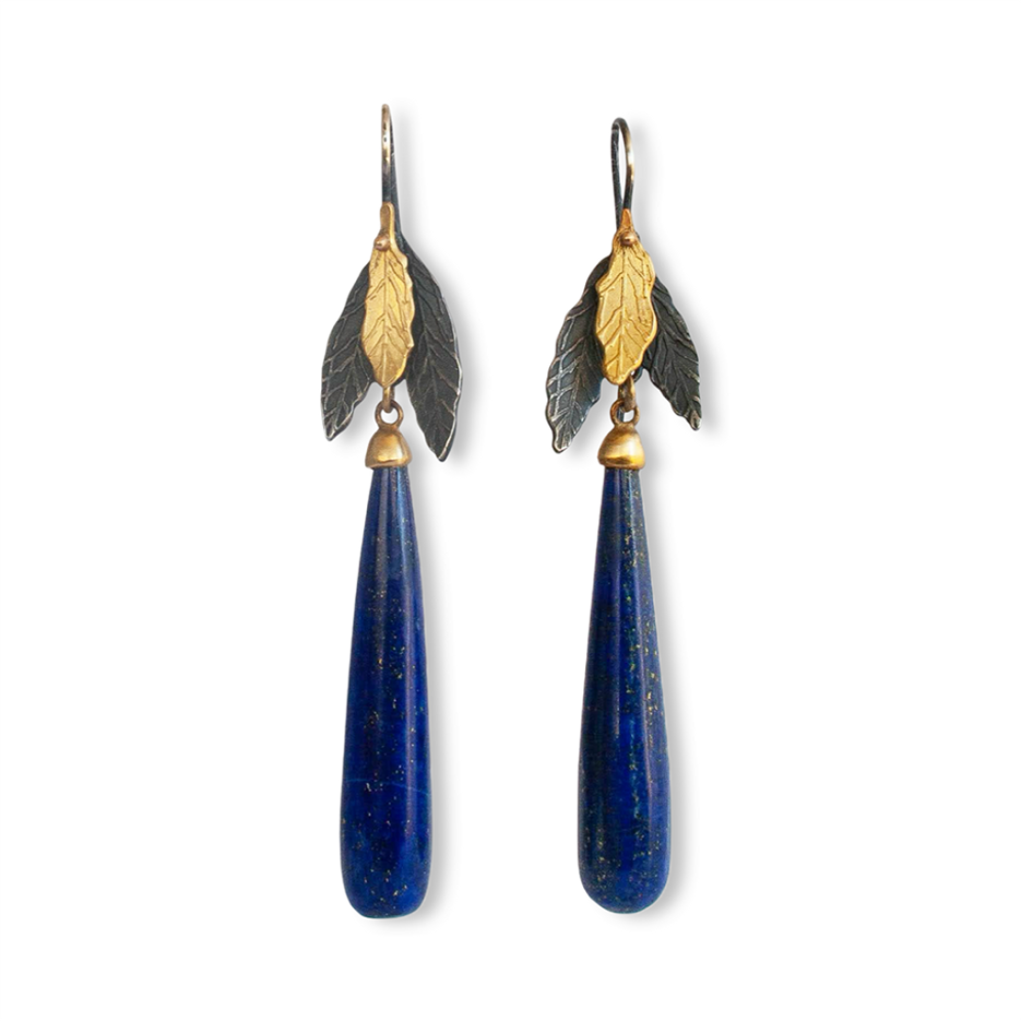 Image of Earrings | Lapis Lazuli, 18ct Gold, Silver Emb Triple Leaf - Lapis er 1SG (WR)
