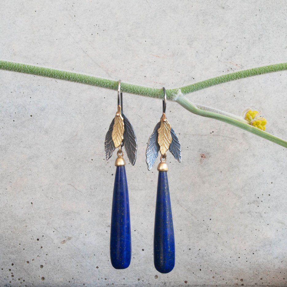 Image of Earrings | Lapis Lazuli, 18ct Gold, Silver Emb Triple Leaf - Lapis er 1SG (WR)