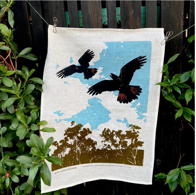 Image of Linen Tea Towel | Black Cockatoos in Flight (BLD)
