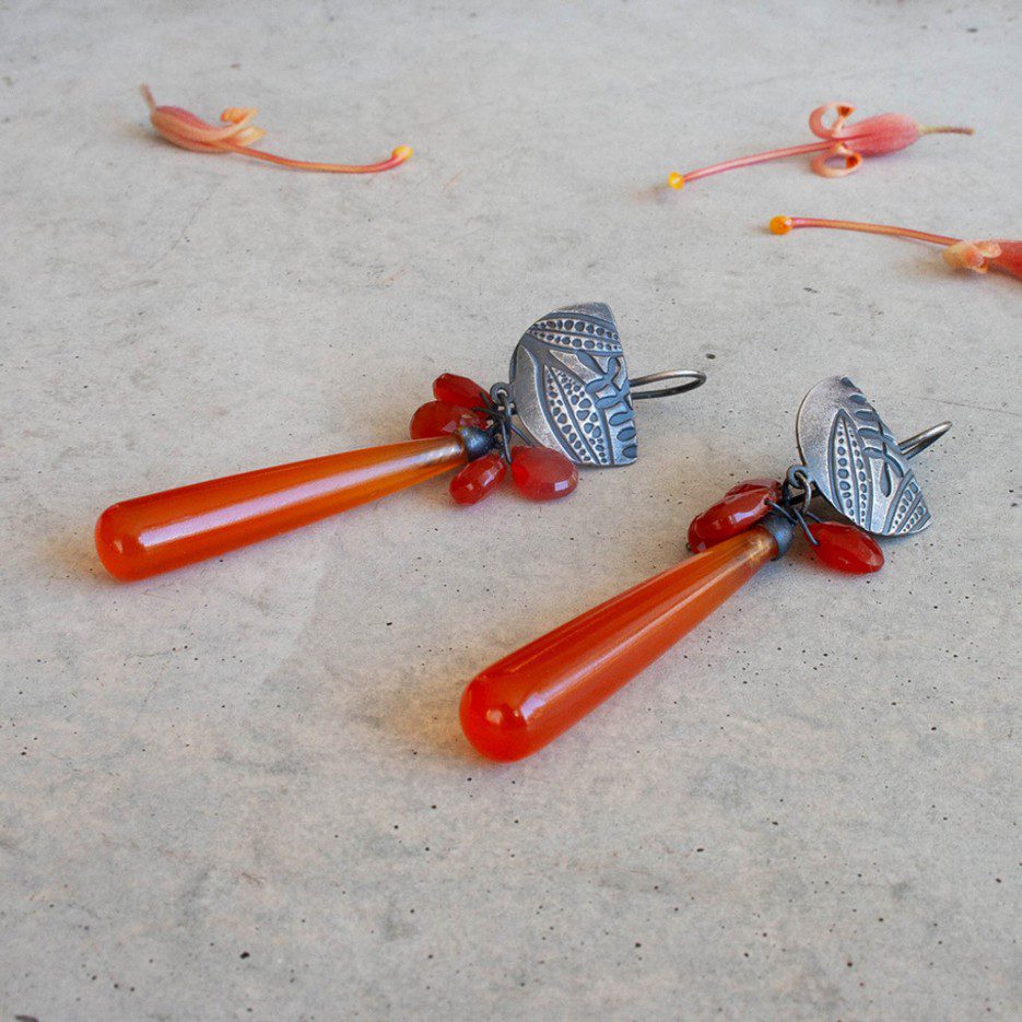 Image of Earrings | Carnelian& Bead Drop, Emb SS Half Moon - Carn er 1S (WR)