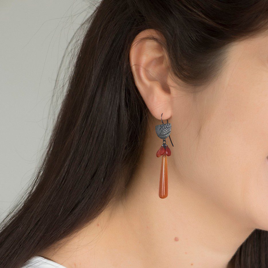Image of Earrings | Carnelian& Bead Drop, Emb SS Half Moon - Carn er 1S (WR)