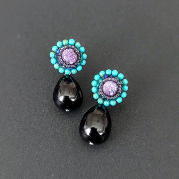 Image for Drop Earrings | Violet Druzy, Turq, Onyx, Glass Beads (PC)