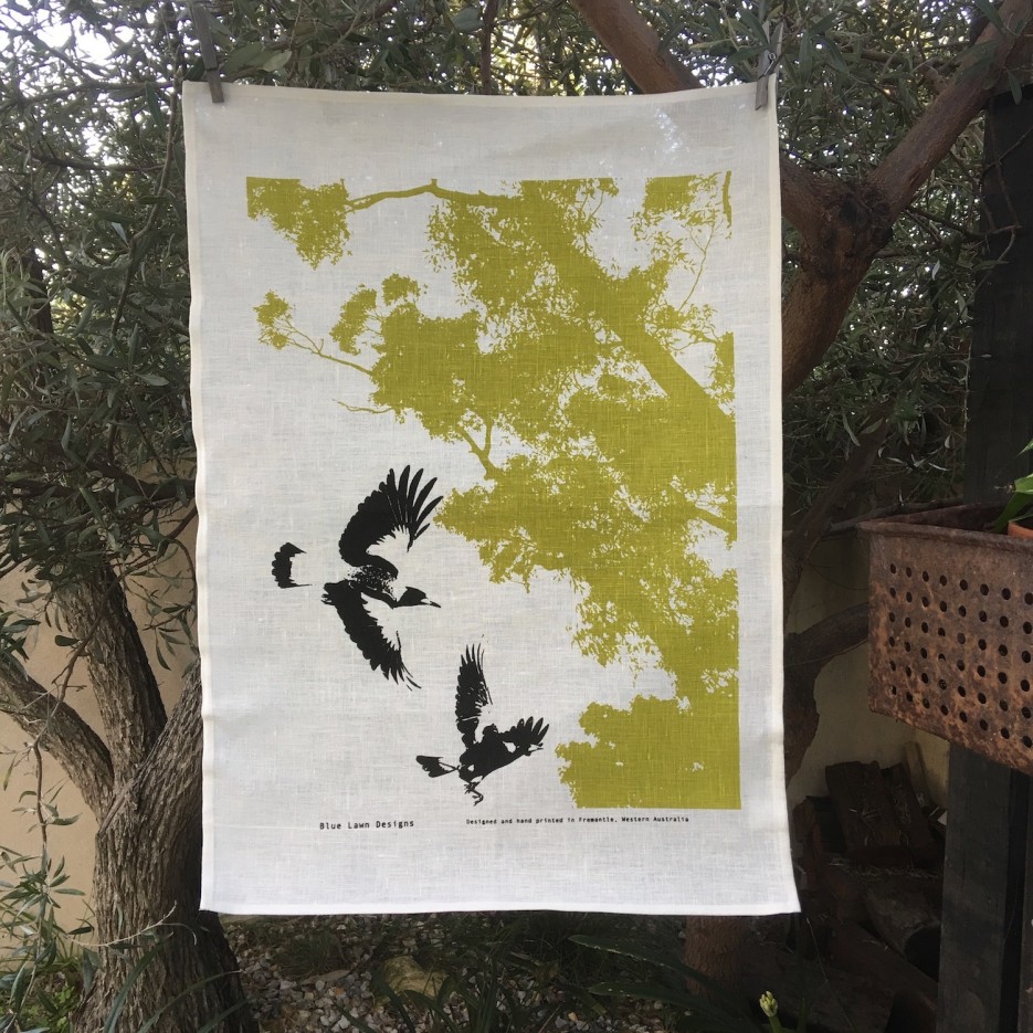 Image of Linen Tea Towel | Magpies In flight (BLD)