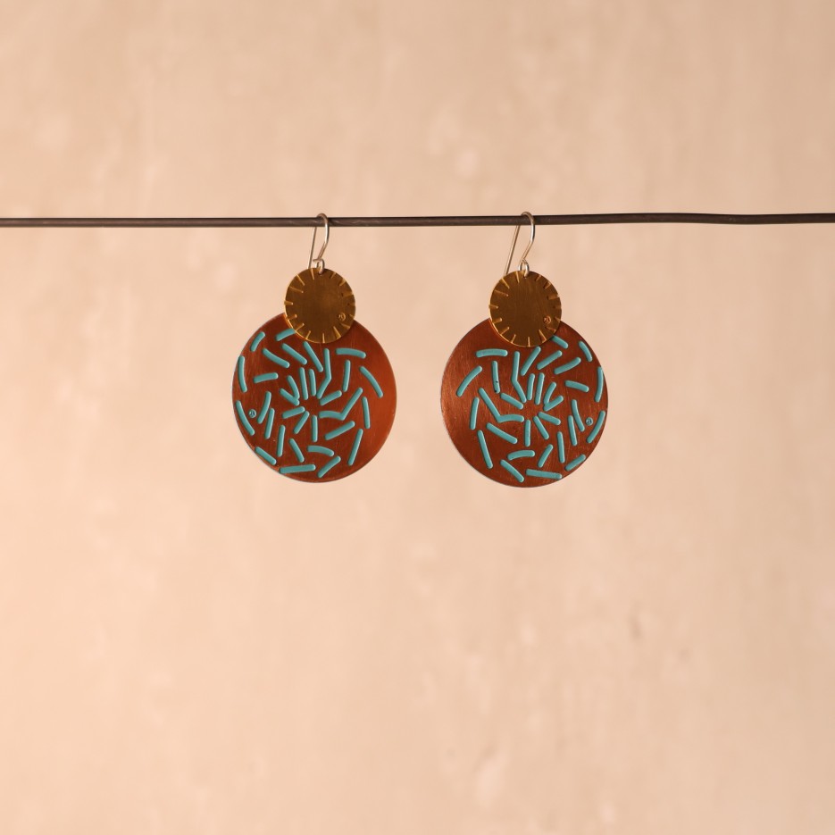 Image of Earrings | Hurricane Copper Disc  w Teal detail, Sml Brass disc