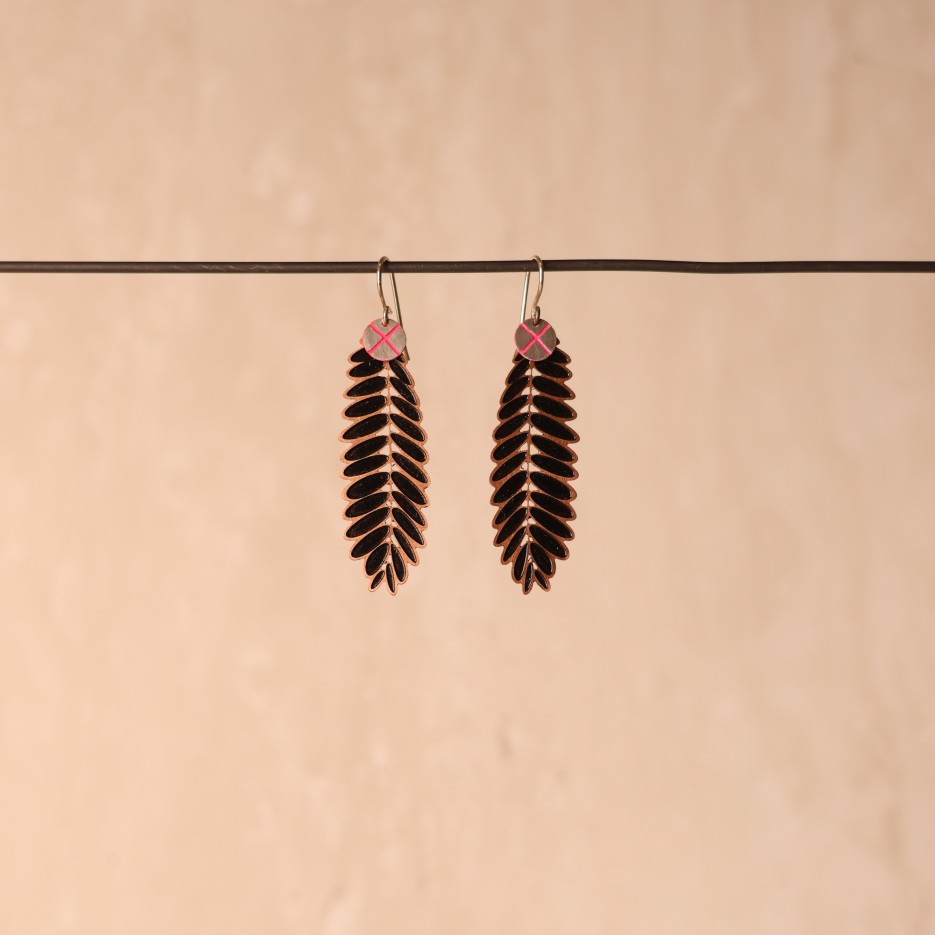 Image of Earrings | Copper Senna & St Steel Disk, pink cross