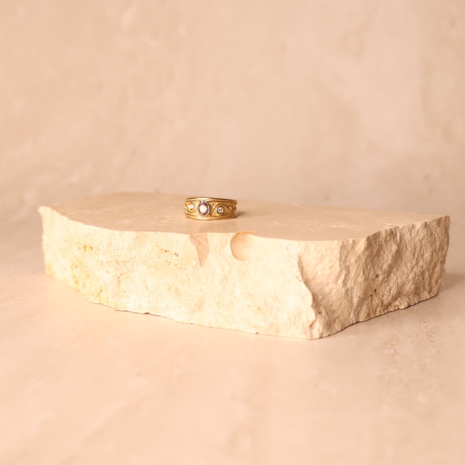 Image of Ring | 9ct Gold, Pink Spinel & Diamonds with Tendril Design (R131)