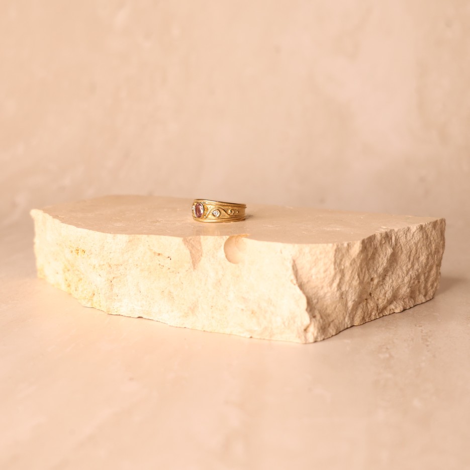 Image of Ring | 9ct Gold, Pink Spinel & Diamonds with Tendril Design (R131)