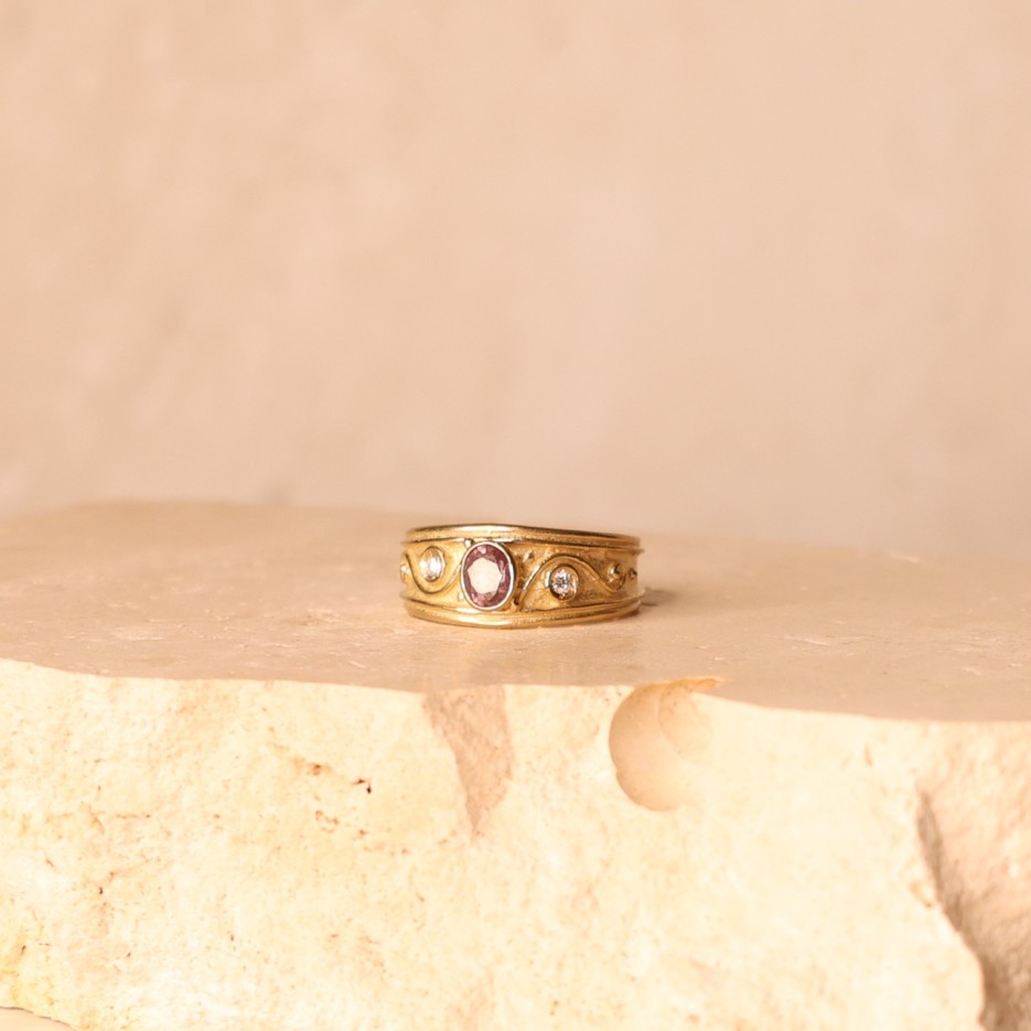 Image of Ring | 9ct Gold, Pink Spinel & Diamonds with Tendril Design (R131)