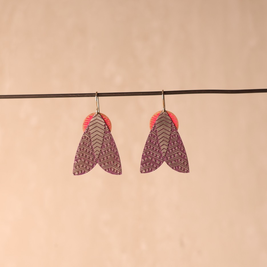 Image of Earrings | St Steel Moth + Copper Pink Disc