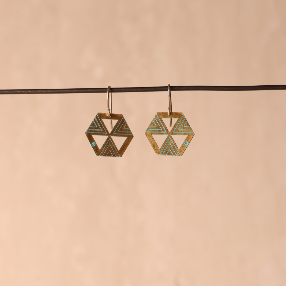 Image of Earrings | Brass Hexagon + Teal colour