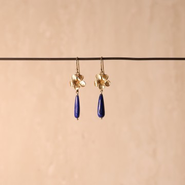 Image for Earrings | 9k, Lapis Drop, Flower Shepherds Hook (STE64)