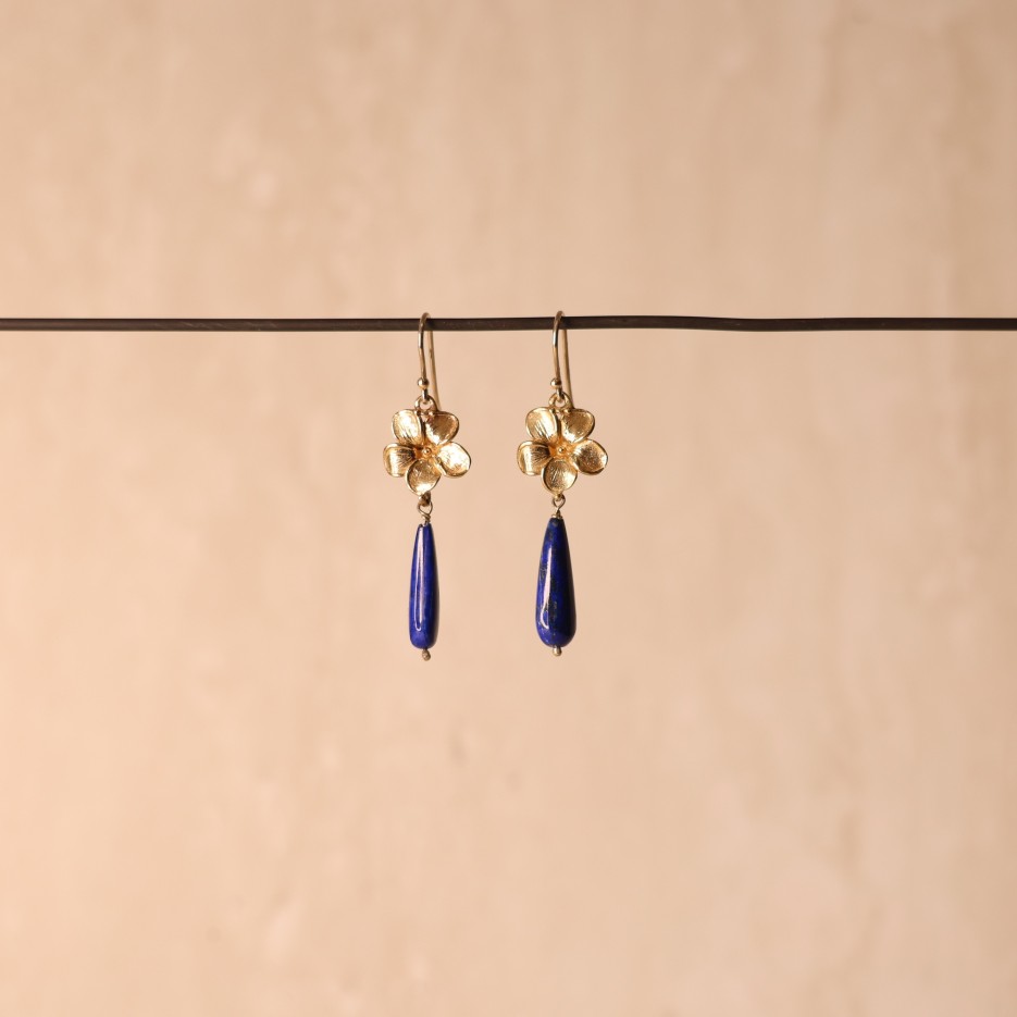Image of Earrings | 9k, Lapis Drop, Flower Shepherds Hook (STE64)