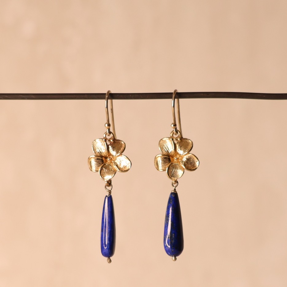 Image of Earrings | 9k, Lapis Drop, Flower Shepherds Hook (STE64)
