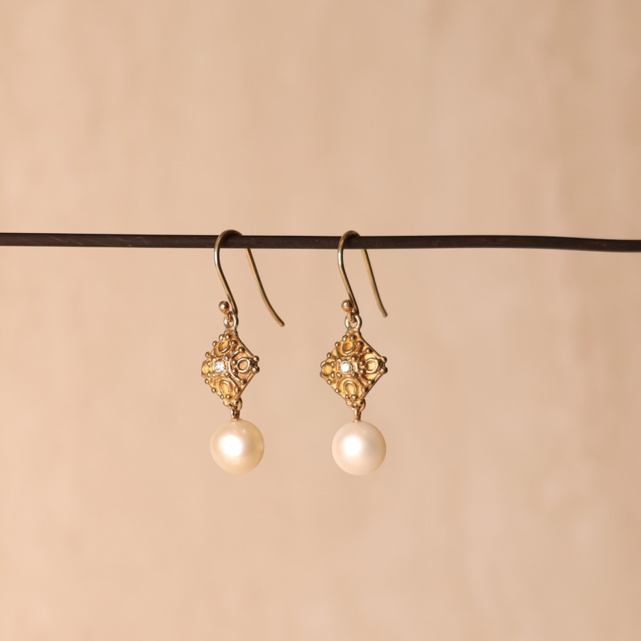 Image of Earrings | Square Filigree Design , 0.03ct Diam, 9ctGold +  FWP  (MYBE5DH)