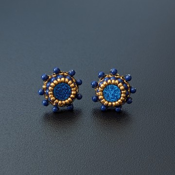 Image for Blue Druzy Pom Pom Earrings | Druzy Quartz, Lapis Lazuli + Glass Beads
