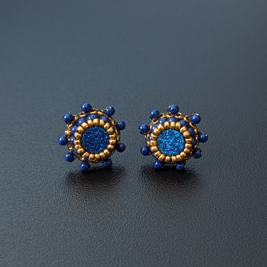 Image of Blue Druzy Pom Pom Earrings | Druzy Quartz, Lapis Lazuli + Glass Beads