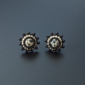 Image for Dalmation Pom Pom Earrings | Dalmation, Crystal Pearls + Glass Beads