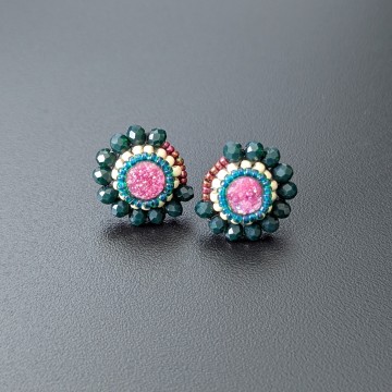 Image for Fuchsia Crescent Earrings | Druzy Quartz + Glass Beads