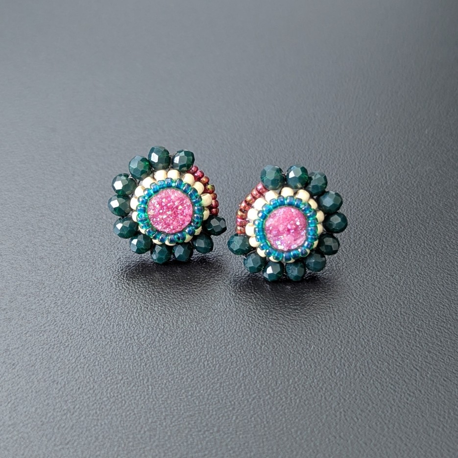 Image of Fuchsia Crescent Earrings | Druzy Quartz + Glass Beads