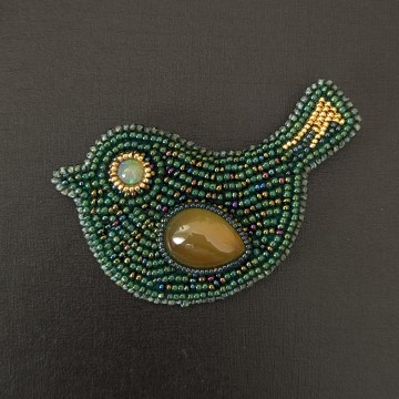 Image for Metallic Green Bird Brooch | Carnelian, Opal + Glass Beads