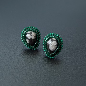 Image for Snowflake Gemma Earrings | Obsidian, Malachite + Glass Beads