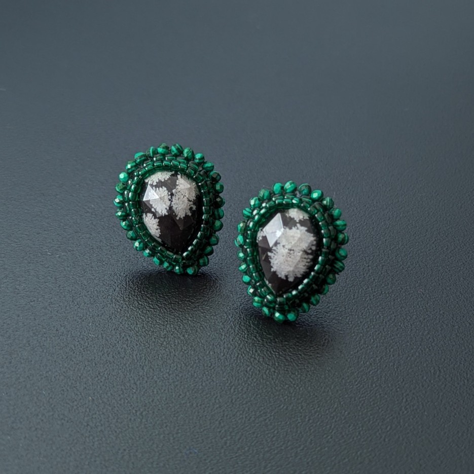 Image of Snowflake Gemma Earrings | Obsidian, Malachite + Glass Beads